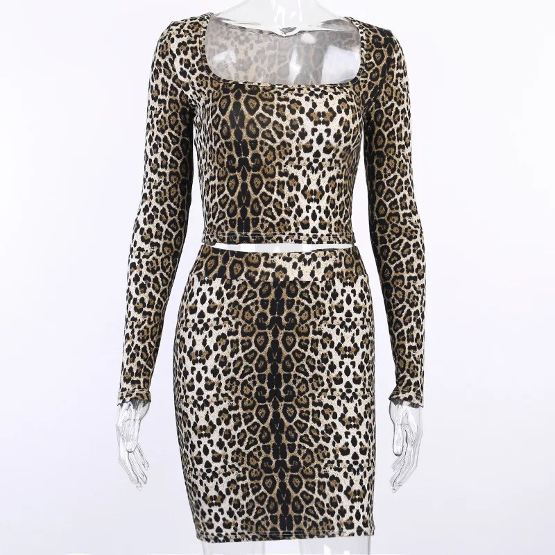 Hugcitar leopard print long sleeve with gloves sexy crop top skirt 2 pieces set autumn winter women streetwear outfits