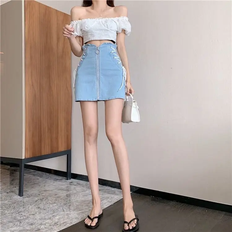 

Lace UP Denim Skirt Women Summer Solid Casual High Waist A Line Denim Skirts High Street A line Zipper All-matched Jeans Skirt