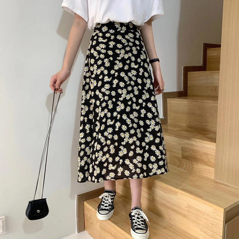

Korean Daisy Printed Women Midi Skirts High Waist Casual Slim Female Long Dress Pop Spring Summer Fashion Ladie Bottoms