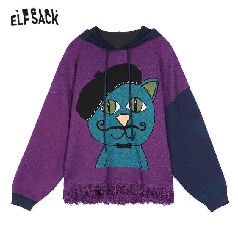 

ELFSACK Harajuku Graphic Jacquard Korean Women Knit Pullover Hoodies Sweaters,2020 Autumn Vintage Casual Female Daily Soft Top