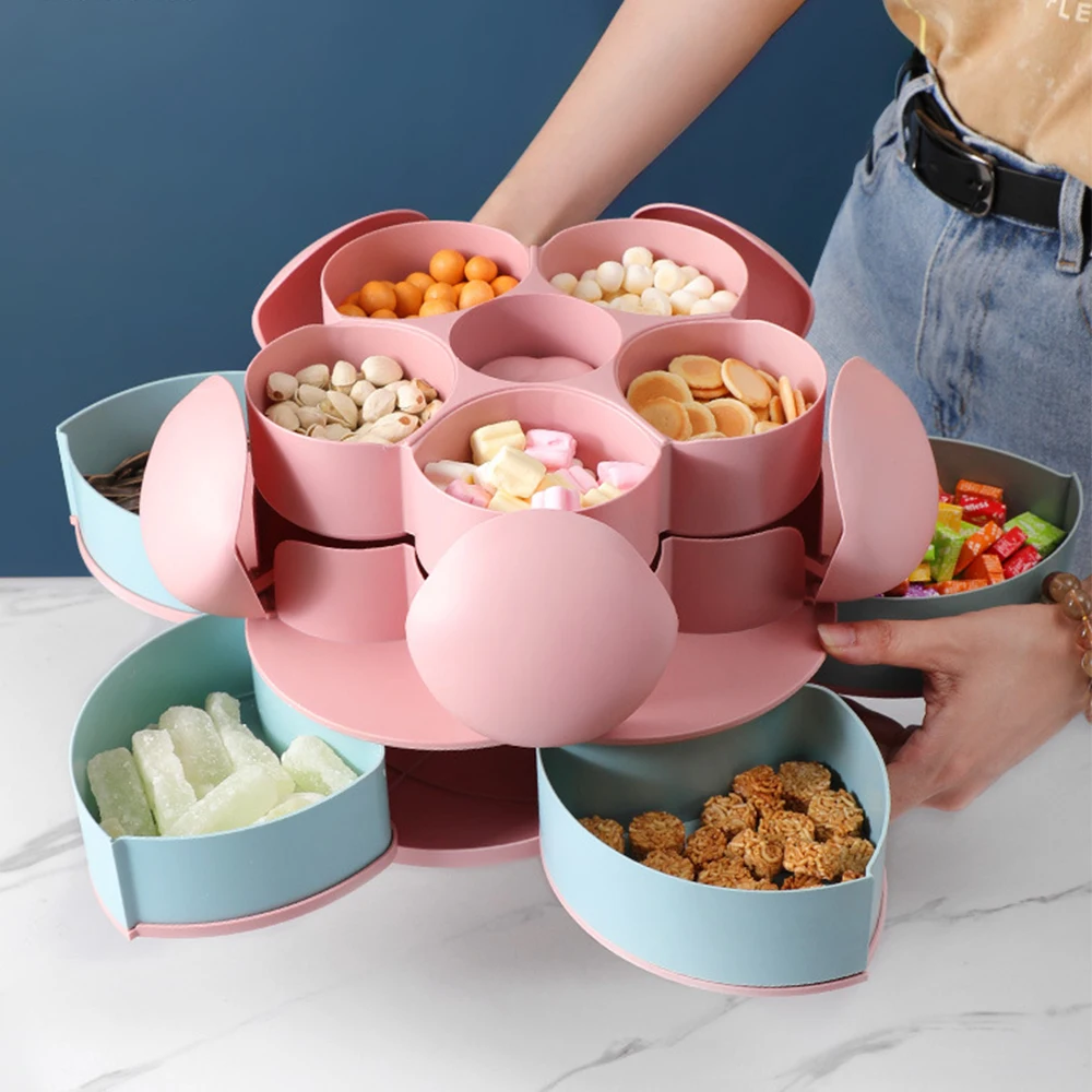 

Rotating Candy Box Home Storage Organizer Two-deck Flower Candy Fruit Plate Petal-Shape Snack Nut Box