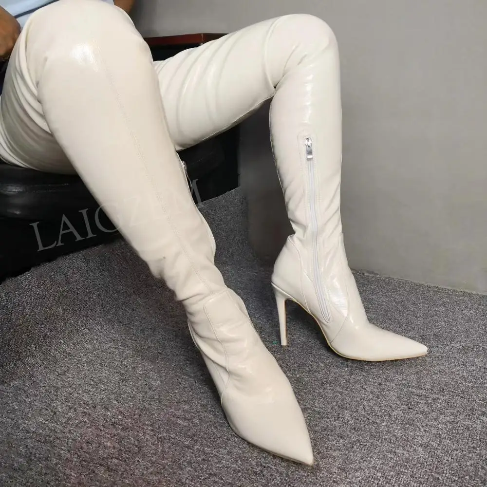 BERZIMER/Бежевые женские Стрейчевые Сапоги выше колена сапоги на высоком каблуке 4