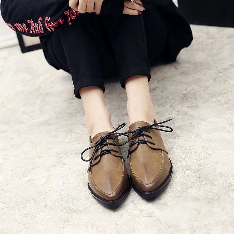 Leather Flat Shoes Women Black Brown Shoes Woman Flat Loafer British Style Lace-up Womens Flat Dress Shoes Zapatos De Vestir