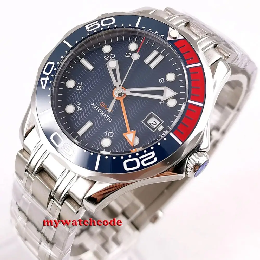 

41mm Bliger Blue Sterile Dial Sapphire Glass Ceramic Bezel GMT Stainless Steel Automatic Mens Watch B296