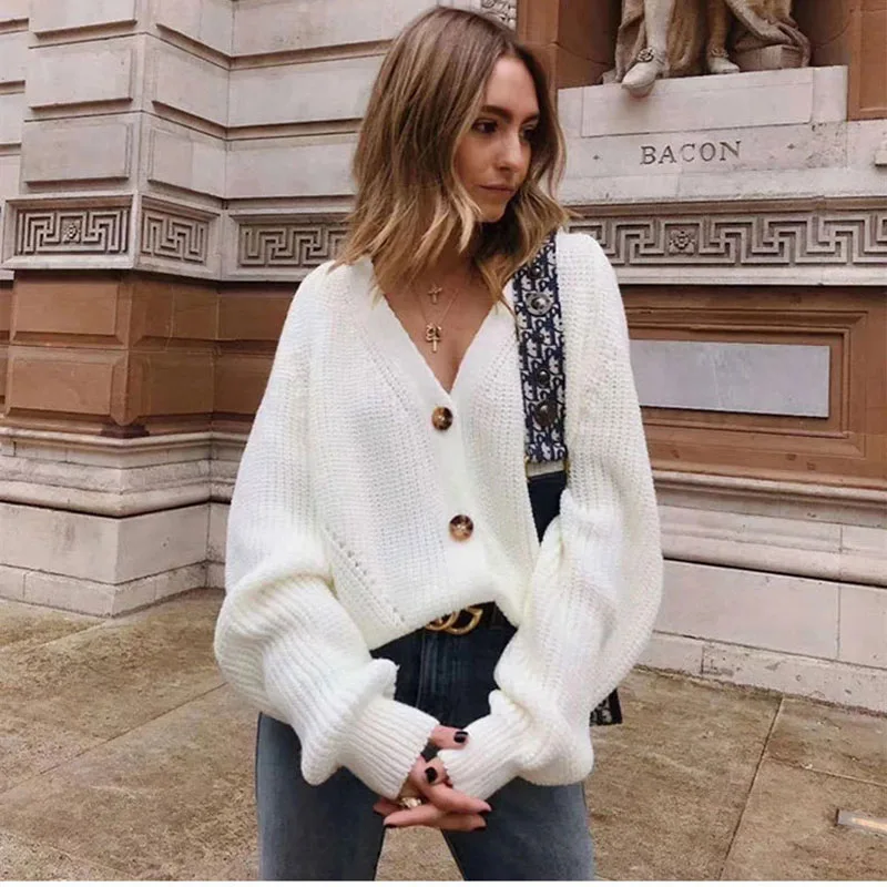 

2021 New Women Knitted Cardigans Sweater Fashion Autumn Long Sleeve Loose Coat Button V Neck Solid Female Tops