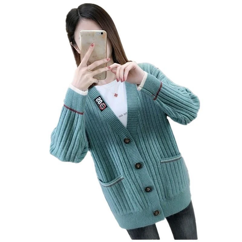 

2020 New Knitted Cardigan Sweater Pocket Women Loose Lazy Long-sleeved V-Neck Sweater Female Spring Autumn Fashion Pullover Coat