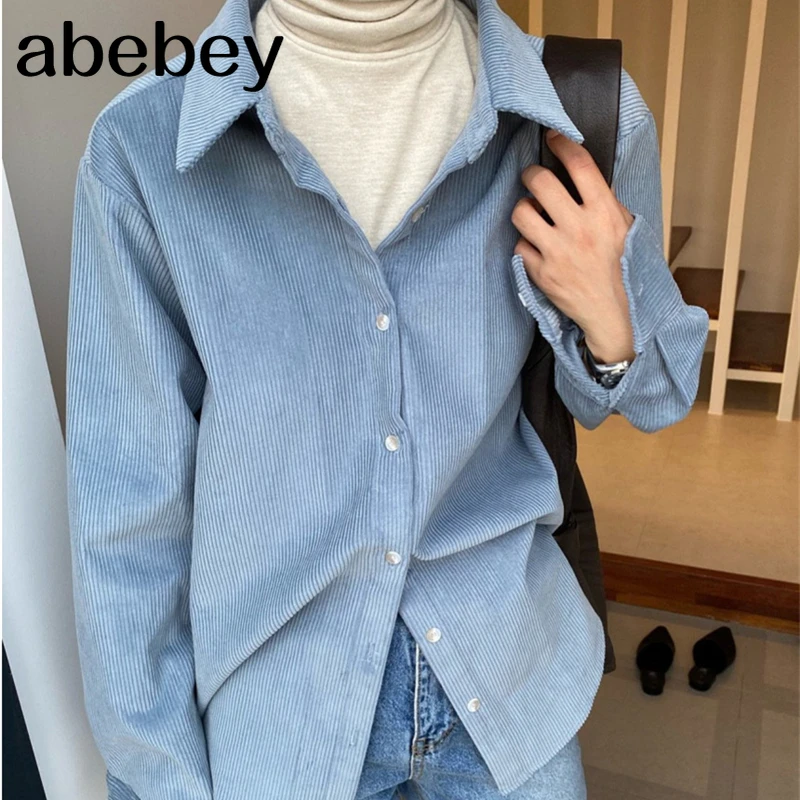 

Женские весенне-осенние блузки, пуговицы для рубашки, винтажные, большие, вельветовые, теплые, в Корейском стиле, 2021