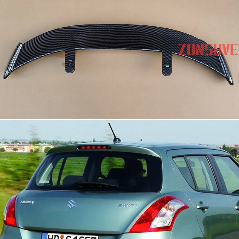 Use For 2011-2016 Suzuki Swift Sport Spoiler ABS Plastic Carbon Fiber Look Hatchback SUV Roof Rear Wing Body Kit Accessories