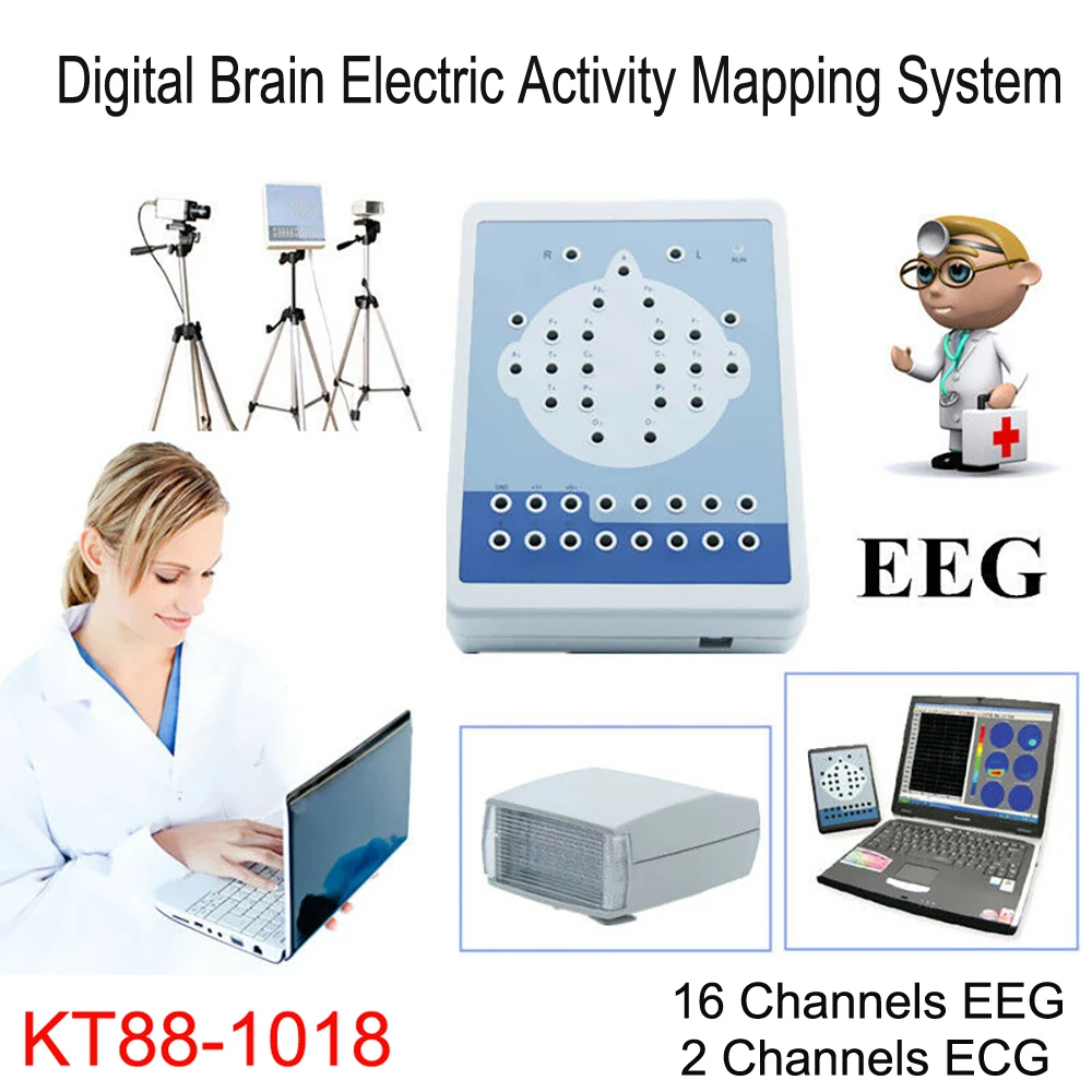 KT88-1018 Digital Brain Activity Mapping System 16 Channel EEG 2CH ECG Machines Auto-Analysis FFT Monitor+2 Tripod +PC software | Красота и