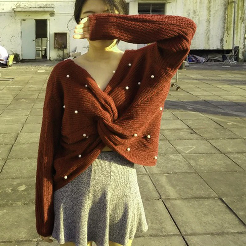 Sexy Backless Cross Pearls Sweater Pullover Jumper Knitting Loose Clothes Female Long Sleeve Knitted Women Winter | Женская одежда