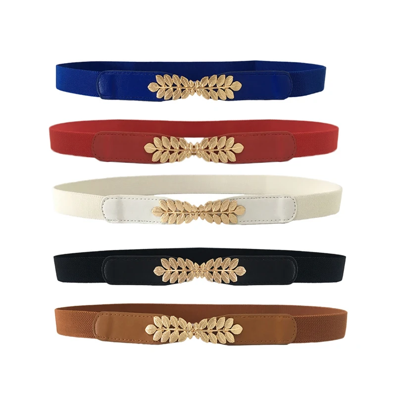 

Fashion Leaves Buckle Women Elastic Waist Belt Ladies Dress Slim Shiny Skinny Leather White Black Blue Female Belt Accessories