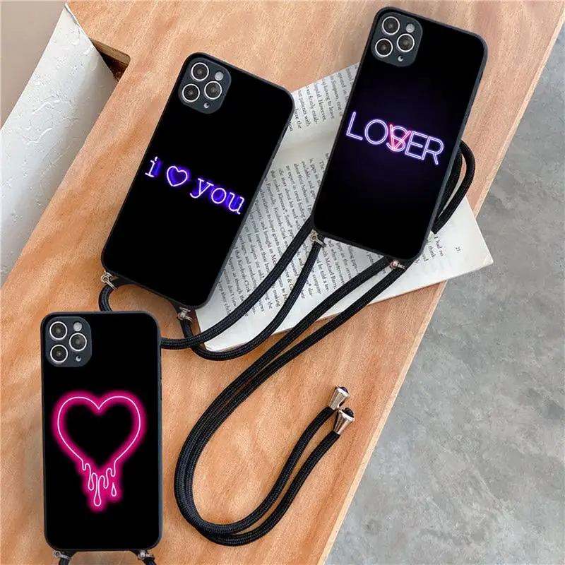 

Neon font crown love Phone Case For iPhone 7 8 11 12 X XS XR MINI Pro Max Plus Strap Cord Chain Lanyard soft