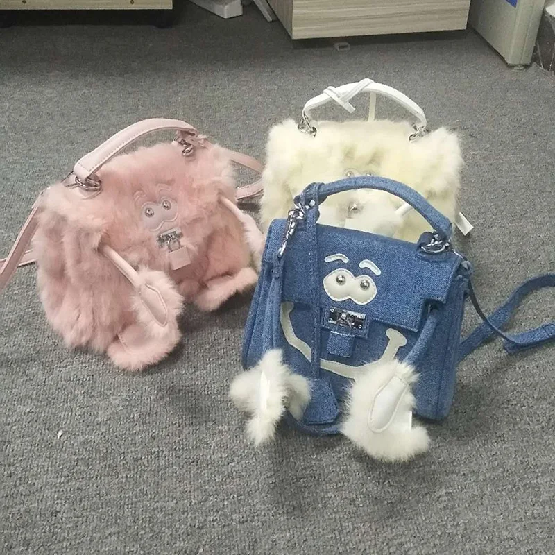 Женская модная повседневная простая винтажная сумка на плечо с кроличьим мехом и