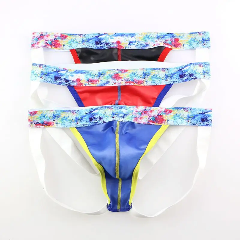 Мужские трусы стринги из искусственной кожи черные с U-образным выпуклым