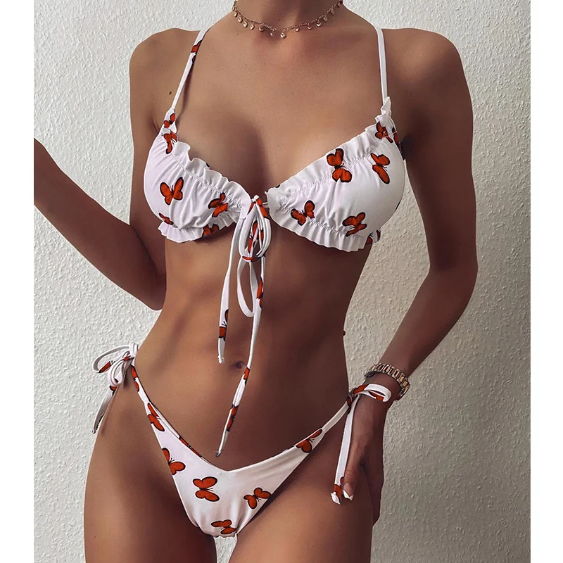 

Sexy Bandage Thong Bikinis Butterfly Print 2 piece set Swimwear women 2021 New Push up Swimming Suit For Biquini
