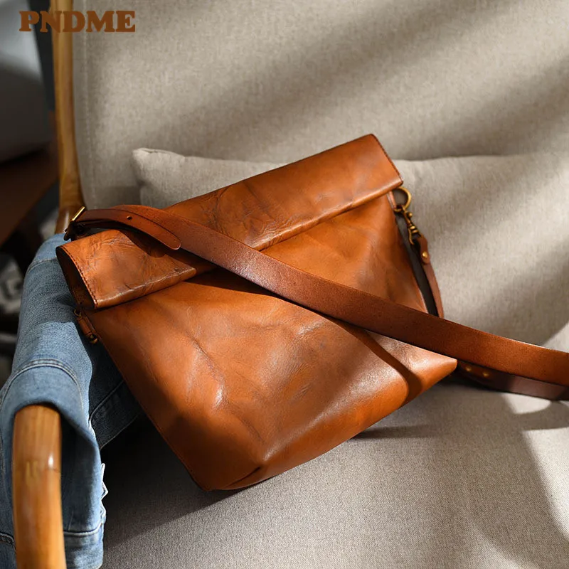 PNDME fashion luxury natural genuine leather men's shoulder bag casual high-quality real cowhide large capacity messenger bag