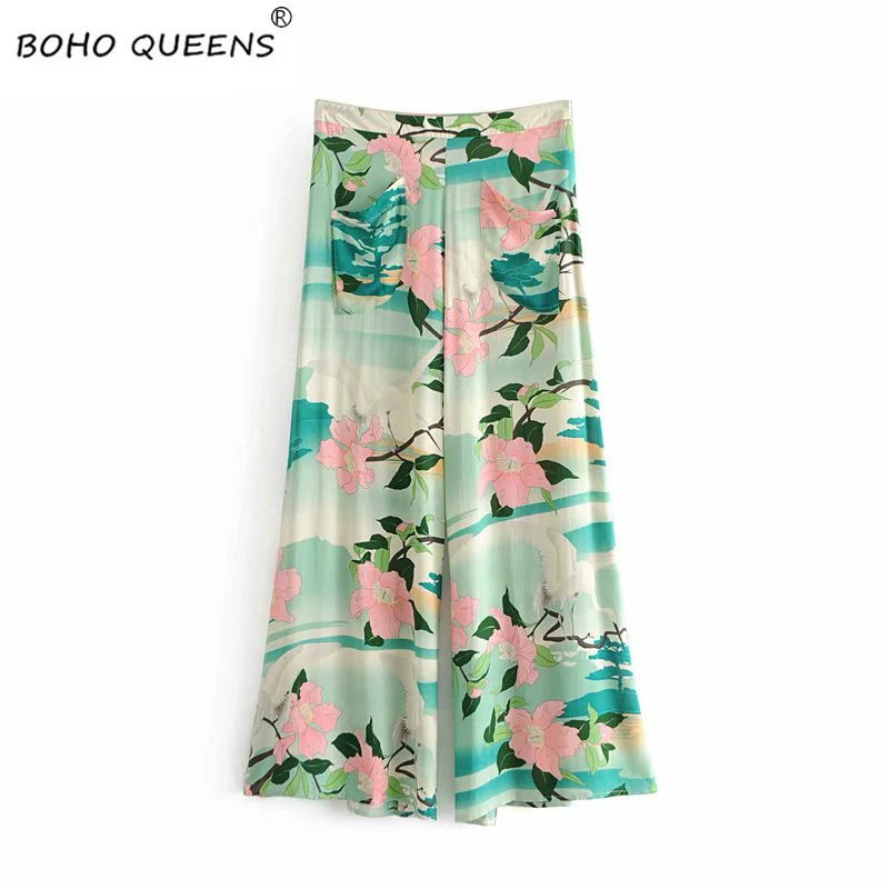 Boho chic happie, женские широкие штаны с принтом Журавля, богемные штаны, женские повседневные свободные длинные штаны из вискозы в стиле бохо, большие размеры