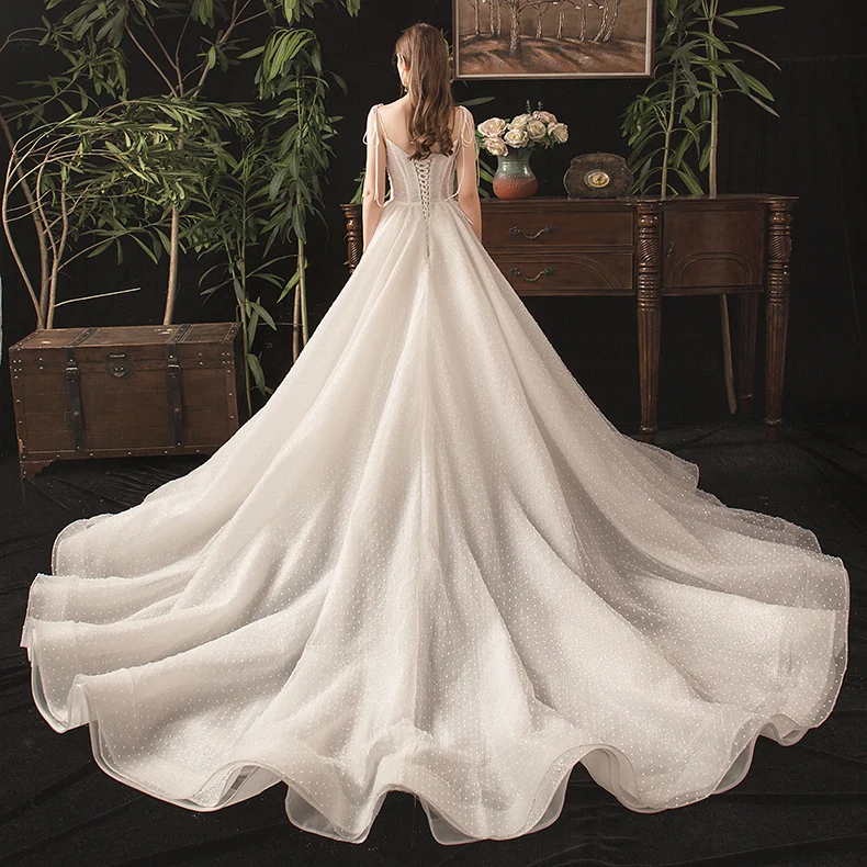 SSYFashion New Romantic Bride Wedding Dress White V-neck Spaghetti Straps Lace Beading Long Gowns Vestidos De Novia | Свадьбы и