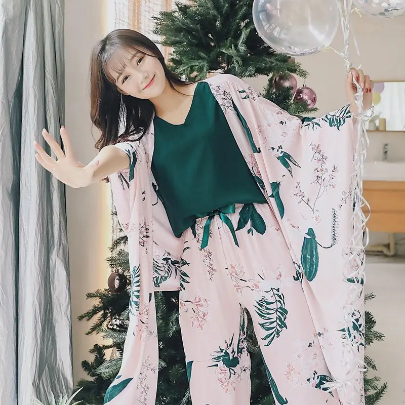 

4 Pcs Spring Summer Women Pajamas Sets Floral Printed Pajamas Set Viscose Top and Shorts Female Kimono Night Suit Set XA109F