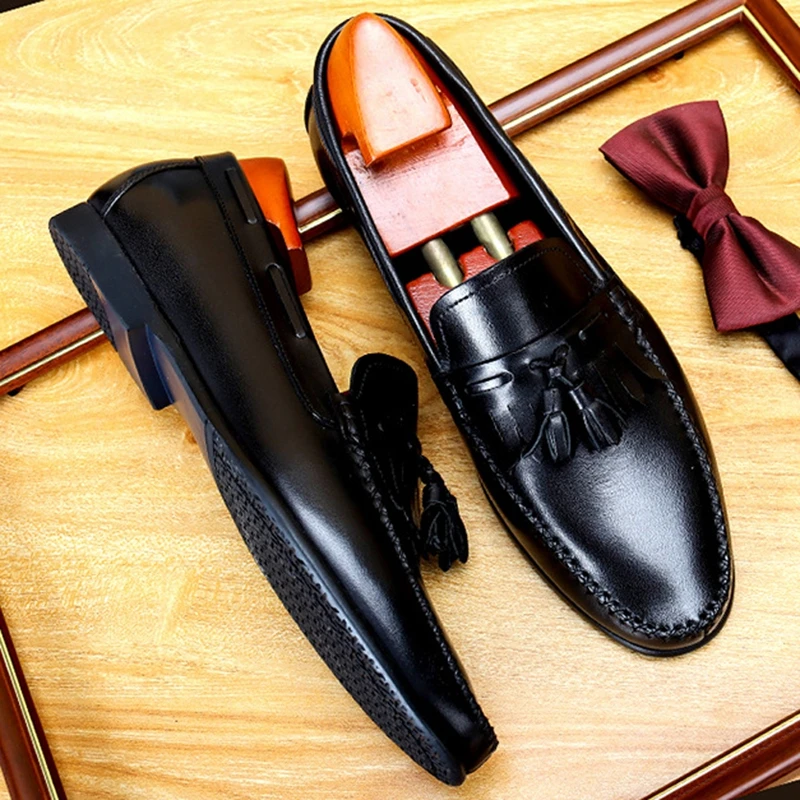 

New Classic Genuine Leather Men's Handmade Comfortable Casual Loafers Round Toe Slip on Tassels Man Driving Flat Shoes FWL277