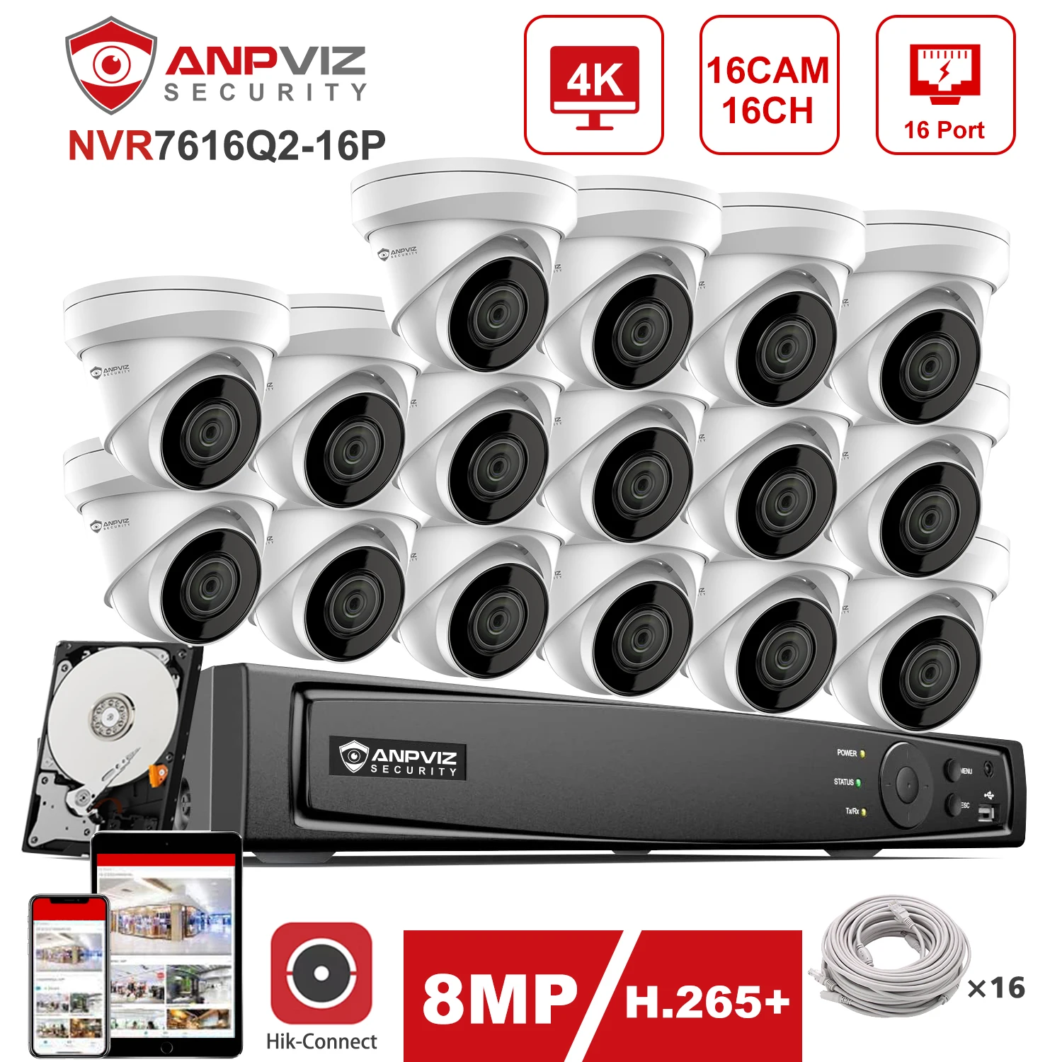 

Anpviz 16CH NVR 4K 8MP POE IP Camera Plug&Play Customized System Hikvision OEM CCTV Outdoor Security Surveillance Kit H.265+