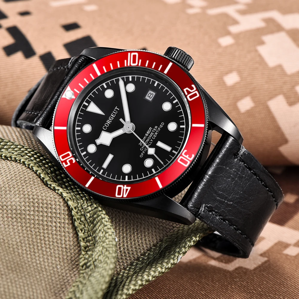 

CORGEUT 2021 Luxury Mechanical Men's Watch Top Brand NH35 Watch Men's 100M Waterproof Sports Watch Luminous Leather Clock Red
