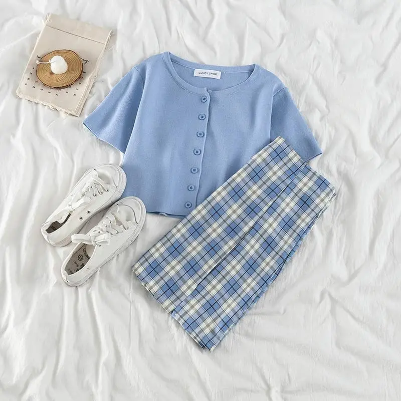 

Girls Plaid skirt two piece] women's summer new high waist slim short Button Navel Top + A-line plaid skirt