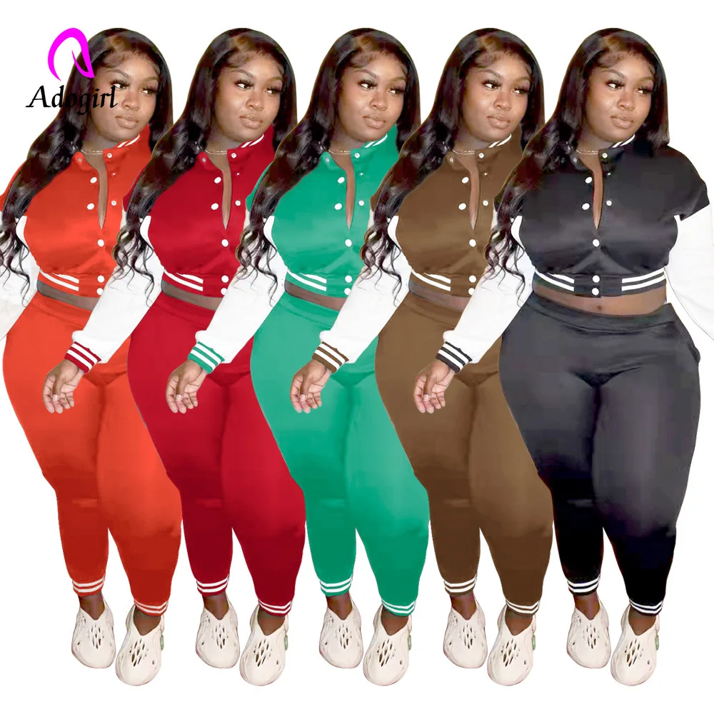 

Color Block Jacket Single Breasted Spliced Long-sleeved Baseball Uniform Women's Two-piece Suit Varsity Bomber Coat Long Pants