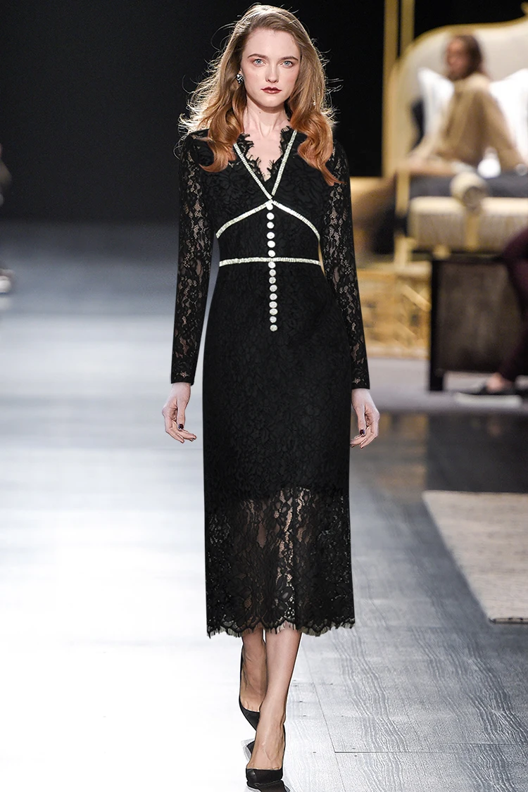 

Fashion New 2021 Women Diamonds Lace Long Sleeve Slim Black Dresses For Ladies Clothes Ydy