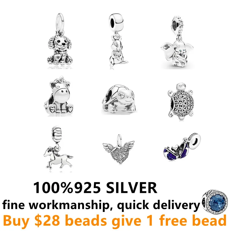 

2021 New products Dangle charms horse unicorn tortoise rabbit elephant 925 Sterling Silver Suitable for Pandor bracelets