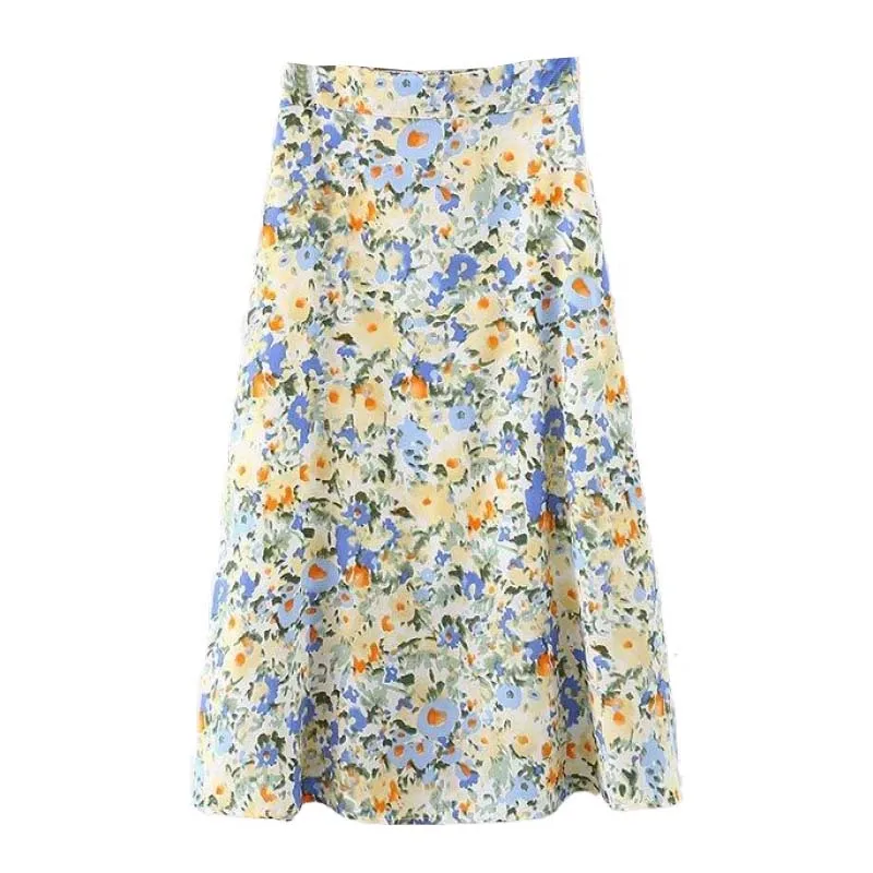 

Boho Chiffon Skirt For Women Elastic High Waist floral Printed Midi Skirt Female Fresh Summer kawaii Pink Skirt