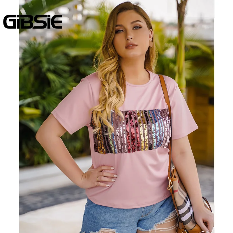 Женская футболка с блестками GIBSIE яркая летняя круглым вырезом и коротким рукавом