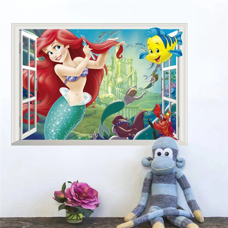 3d vivid window Underwater Fish Dancing Princess Wall Sticker For Kids Rooms Bedroom Decor Decal Art poster | Дом и сад