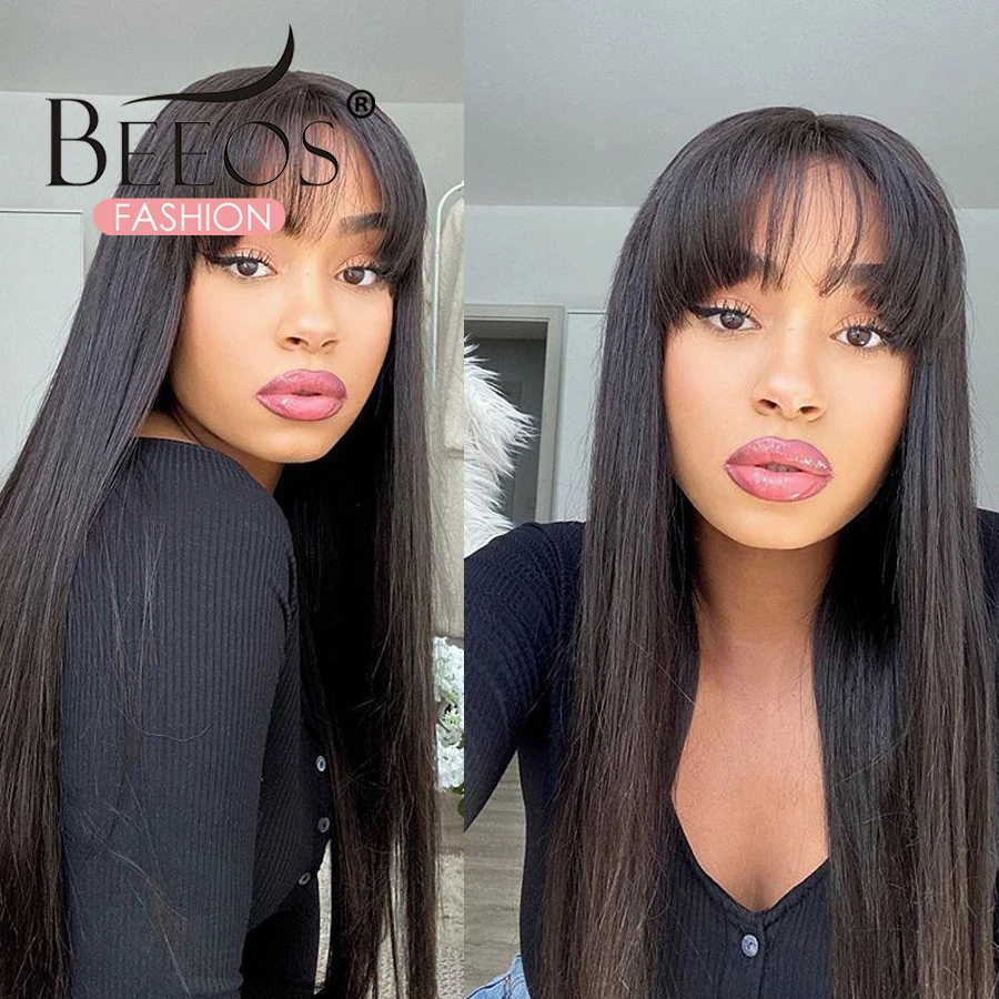 

Straight Human Hair Wigs With Bangs 4x4 Lace Closure Wig Pre Plucked Brazilian Remy Hair With Baby Hair For Black Women Glueless