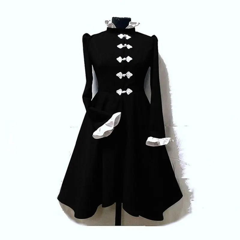 Готическое осеннее черное платье женское зимнее со стоячим воротником и