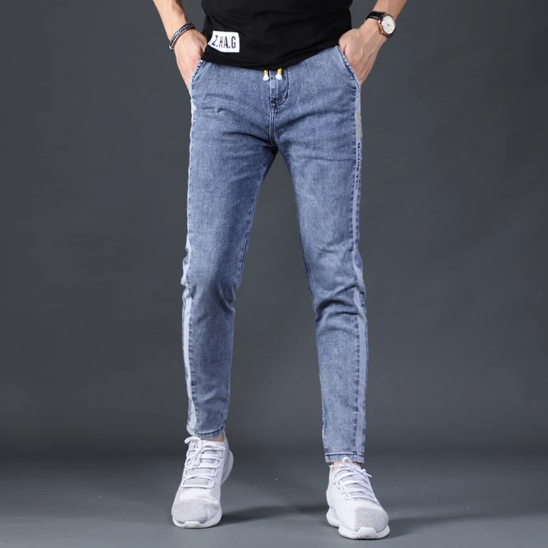Men Side Stripe Blue Jeans Summer Men Straight Slim Fit Ankle-Length Pants Fashion Streetwear Elastic Waist Denim Trousers