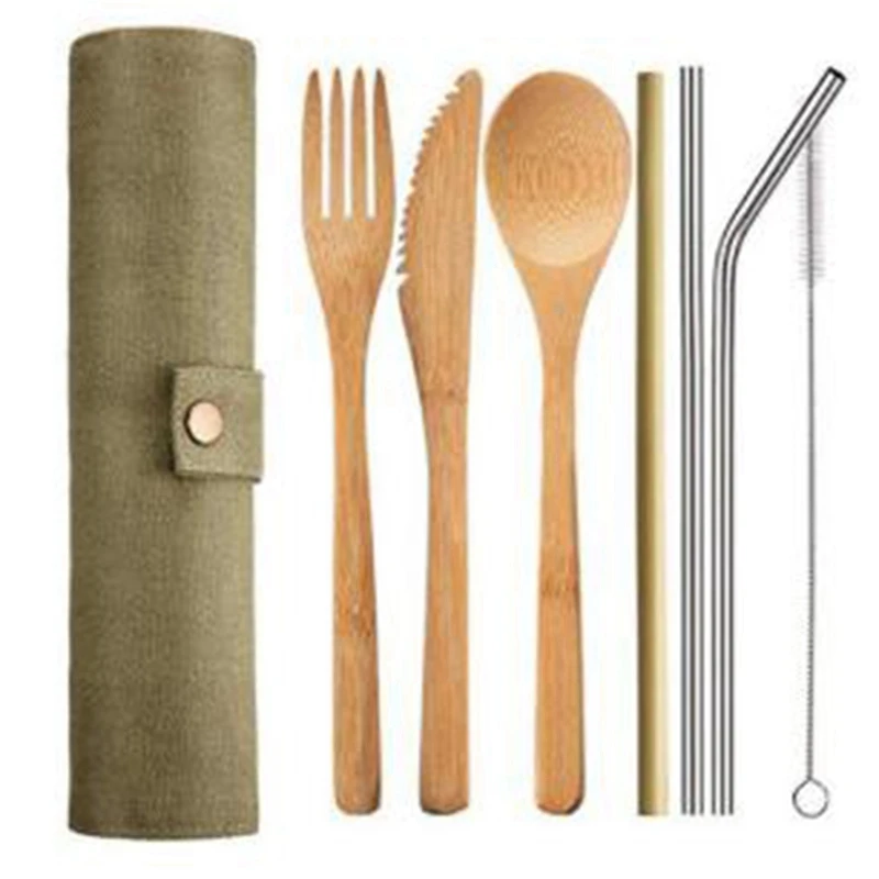 6 Pcs/ Set Reusable Bamboo Cutlery Portable Tableware Wooden Fork Spoon Knife With Bag For Travel Utensi | Дом и сад