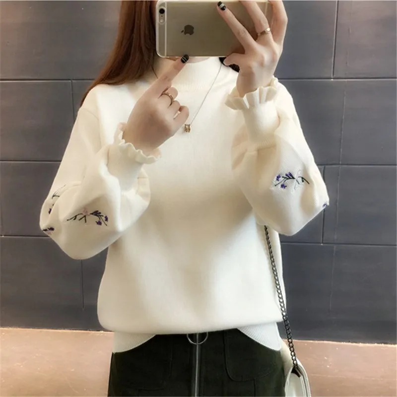 Свитер с воротником-хомутом Женский пуловер вышивкой вязаная Новинка 2020