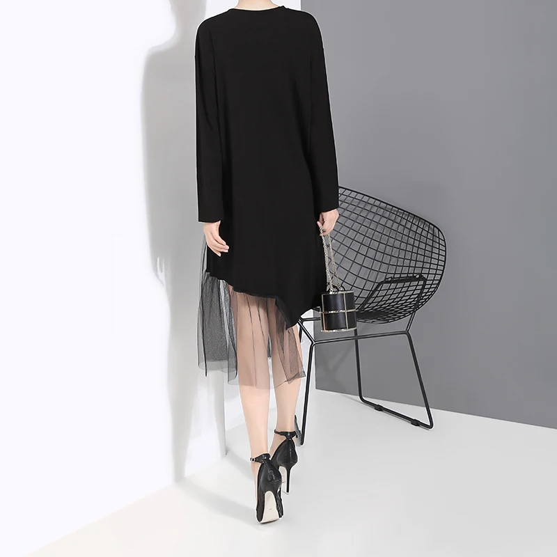 Новинка 2019 женское осеннее черное платье с принтом в Корейском стиле Сетчатое