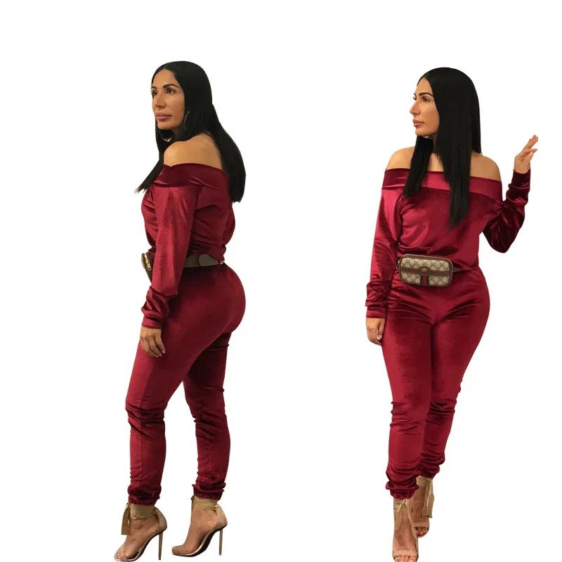 burgundy suit Adogirl, однотонный Бархатный комплект из двух предметов, большие размеры, S-3XL, женский спортивный костюм, сексуальный, с открытыми плечами, длинный рукав, верхний карандаш, брюки, женские костюмы - Цвет: burgundy suit