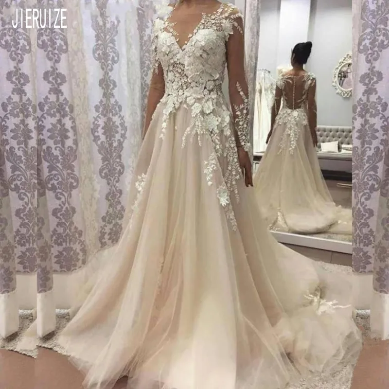 

JIERUIZE Modern Ivory Wedding Dresses Sheer Scoop Neck Long Sleeves Lace Appliques Wedding Gowns Button Back Boho Robe De Mariee