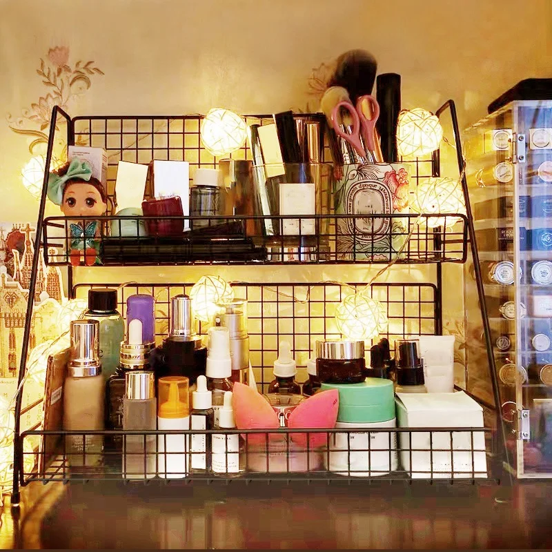 

Iron Desktop Storage Shelf Cosmetic Storage Box Double Layers Rack Multifunction Utensil Bracket Organizer Holder