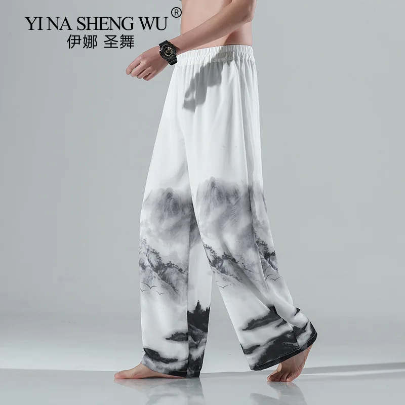 

Chinese Clothes Oversized Hanfu Pants Summer Thin Ink Painting Wide Leg Pants Men Clothing Plus Size Hakama Male Harajuku Pants