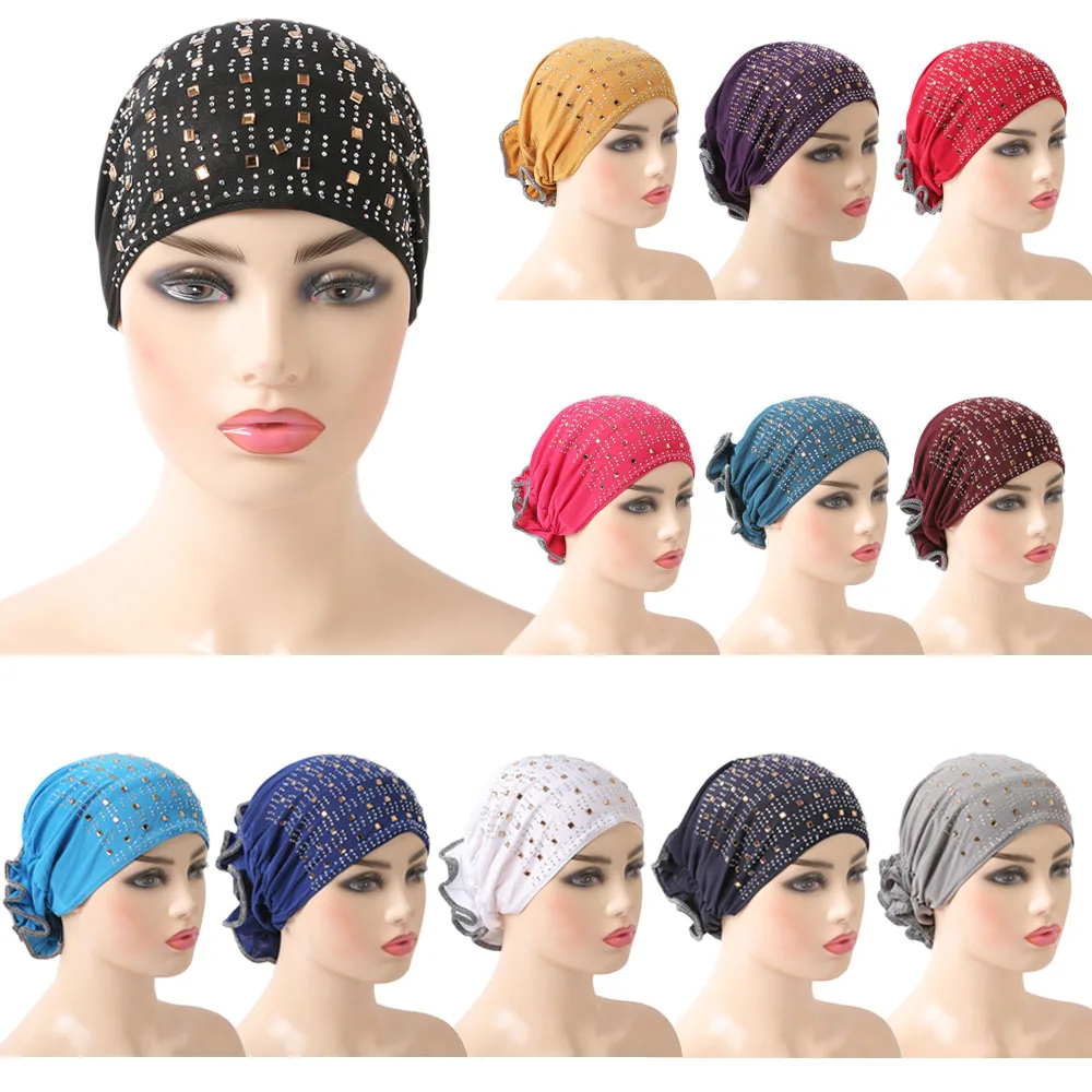 

Muslim Women Flower Cancer Chemo Hat Bonnet Hair Loss Cap Islamic Turban Cap Head Wrap Cover Beanies Skullies Arab Rhinestone