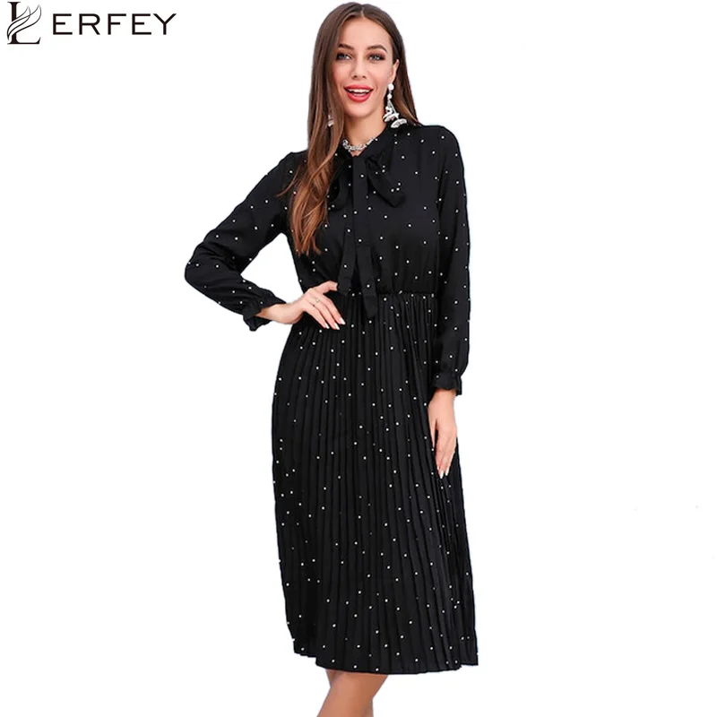 LERFEY женское осеннее весеннее платье с бантом длинным рукавом в горошек Черное