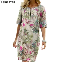 2021 floral print split round neck half sleeve dresses for women loose straight retro vintage dress for female s 4xl size lady
