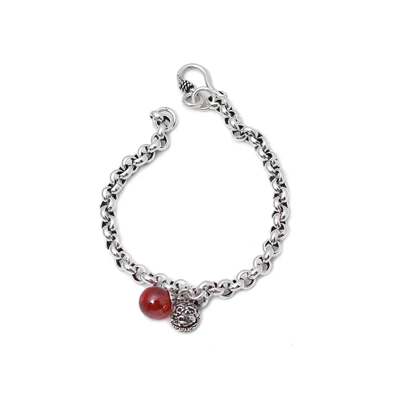 

925 Sterling Silver Vintage Red Agate Bell Silver Bracelet Thai Silver Jewelry For Women Fashion Party Accessories 15g