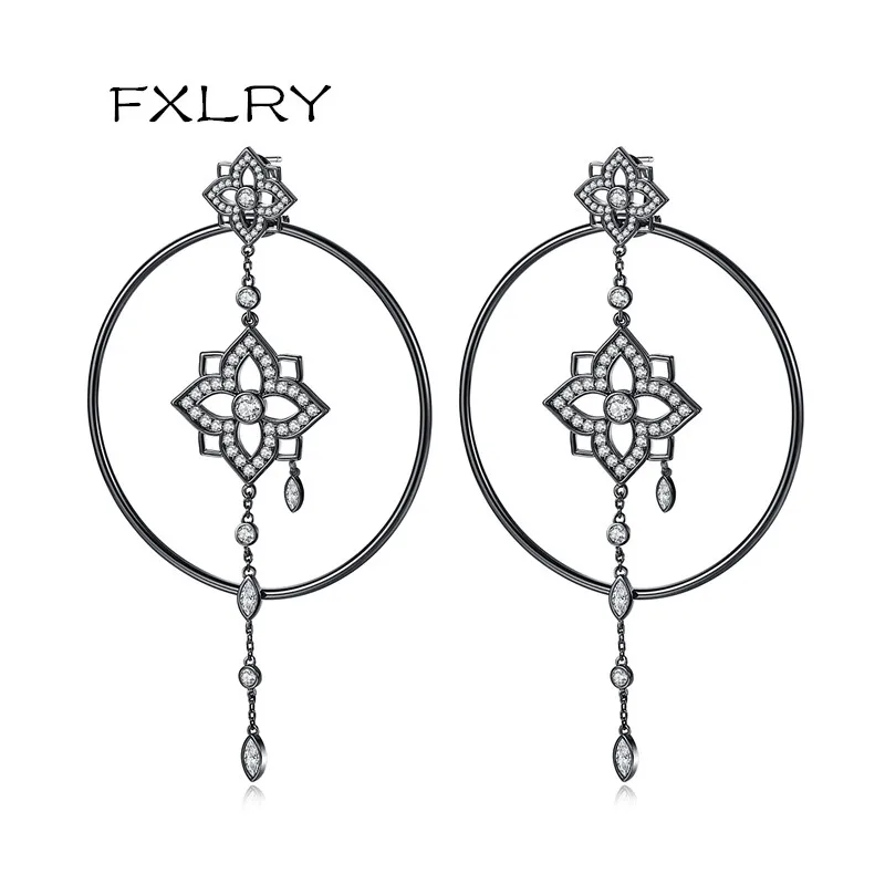 

FXLRY New fashion white color/Gun black copper inlaid zircon geometric earrings for women Bridals Wedding Jewelry
