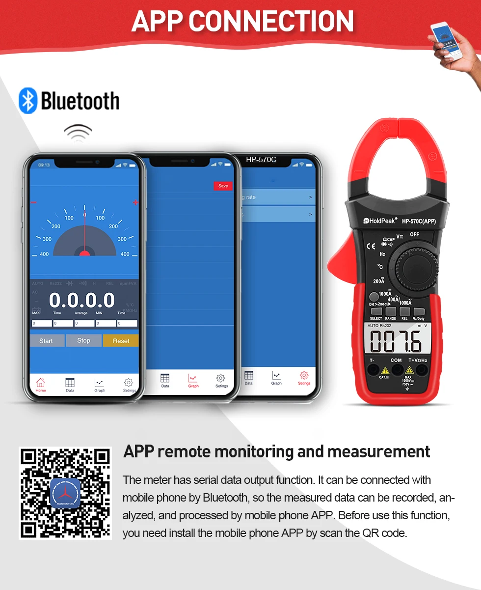 HoldPeak цифровой клещи HP-570C-APP 1000A AC/DC Ток Напряжение емкость температура мультиметр подключение к телефону тестер