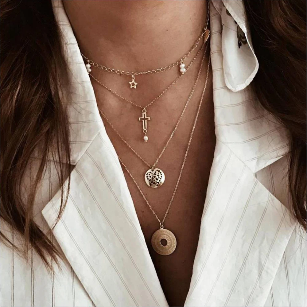 

Five layers multi layer Necklace alloy maple leaf cross hand rose heart pendant gold color plated